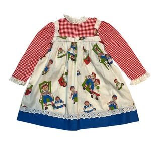 Vintage Montgomery Ward Raggedy Ann Andy Gingham Eyelet Dress Kids 6X Red Blue